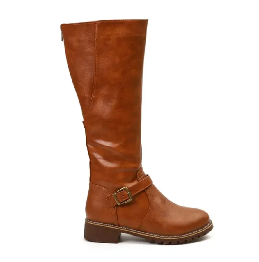 Lumina Wear Isabella women's knee-high boots with buckle straps and side zipper, stylish footwear for fashion-forward looks.