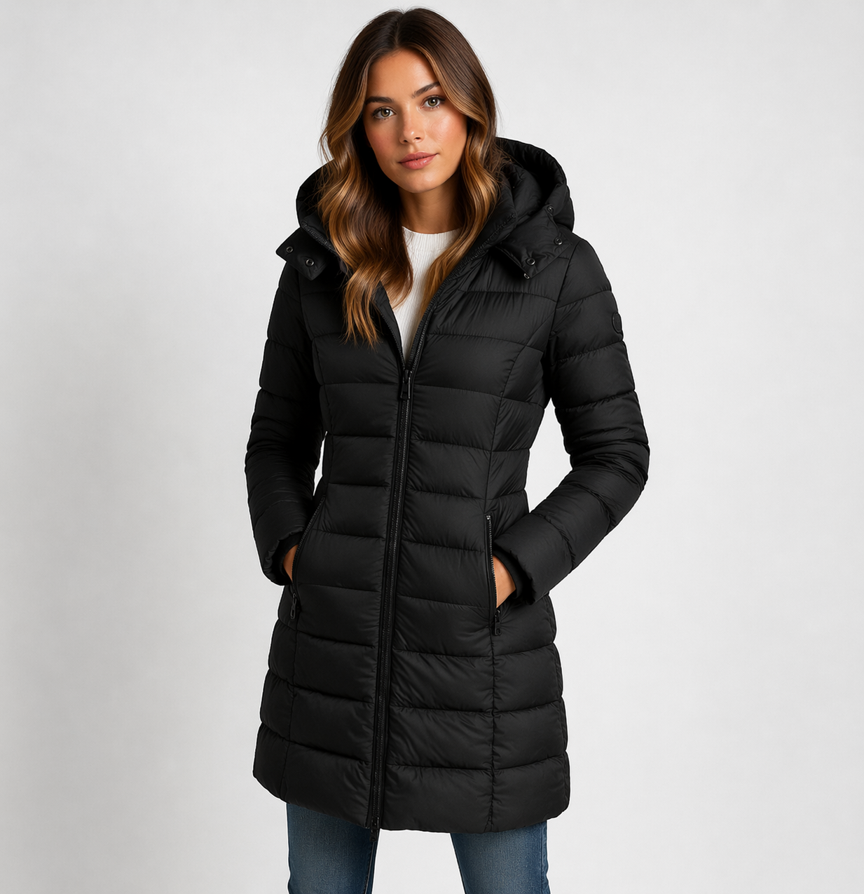 Lightweight quilted hooded puffer jacket with fitted silhouette by Lumina Wear, shown in stylish design and cozy fabric.