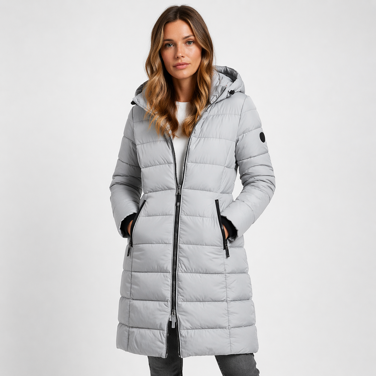 Lumina Wear Isabella lightweight quilted hooded puffer jacket with fitted silhouette, shown on a model.