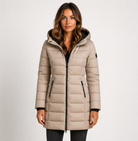 Lightweight quilted hooded puffer jacket with fitted silhouette from Lumina Wear, featuring a stylish design and cozy insulation.