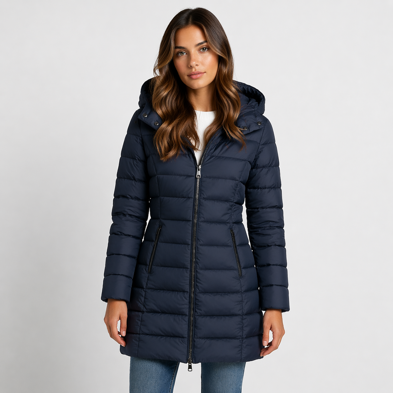 Lightweight quilted hooded puffer jacket with fitted silhouette from Lumina Wear, in a stylish and cozy design.