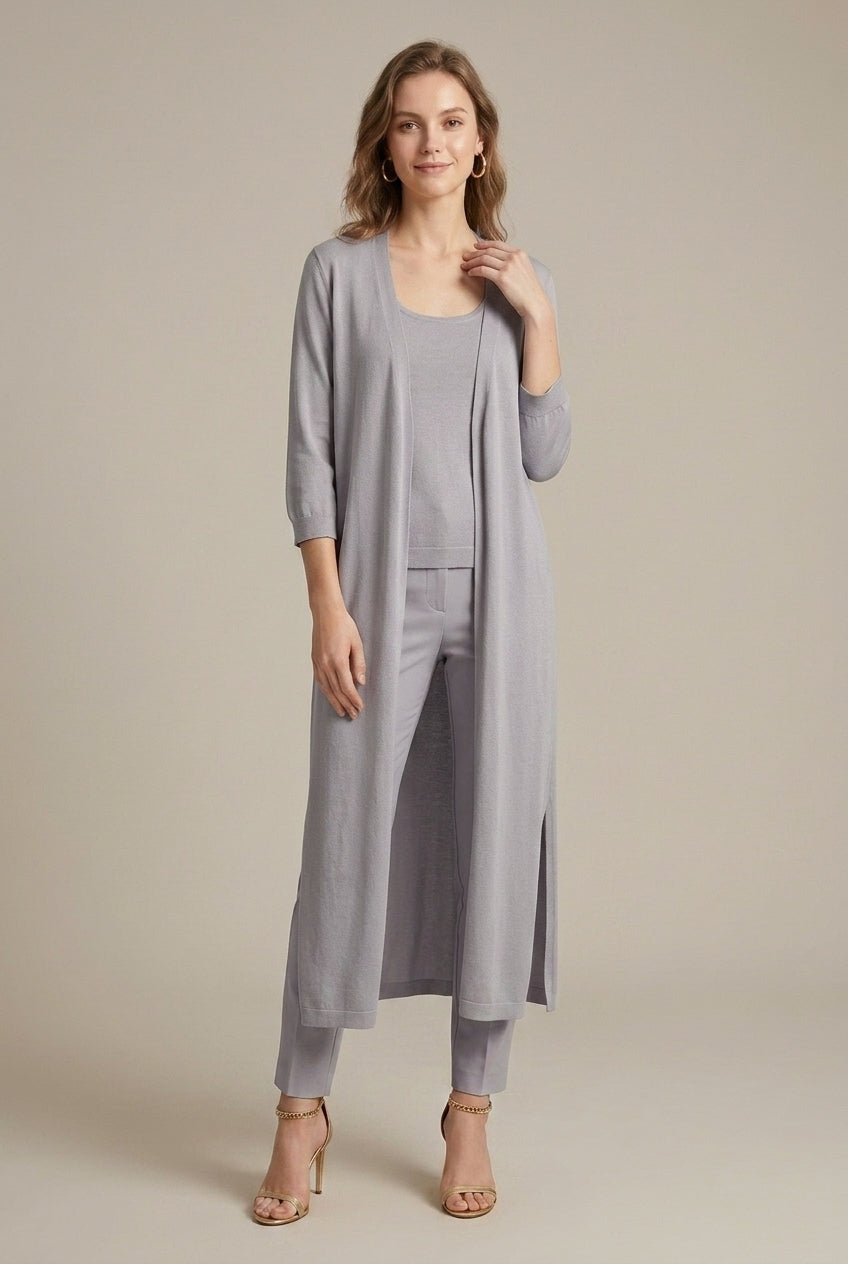 Lightweight relaxed longline Lumina Wear Isabella cardigan with fluid draping, shown on a model in a casual setting