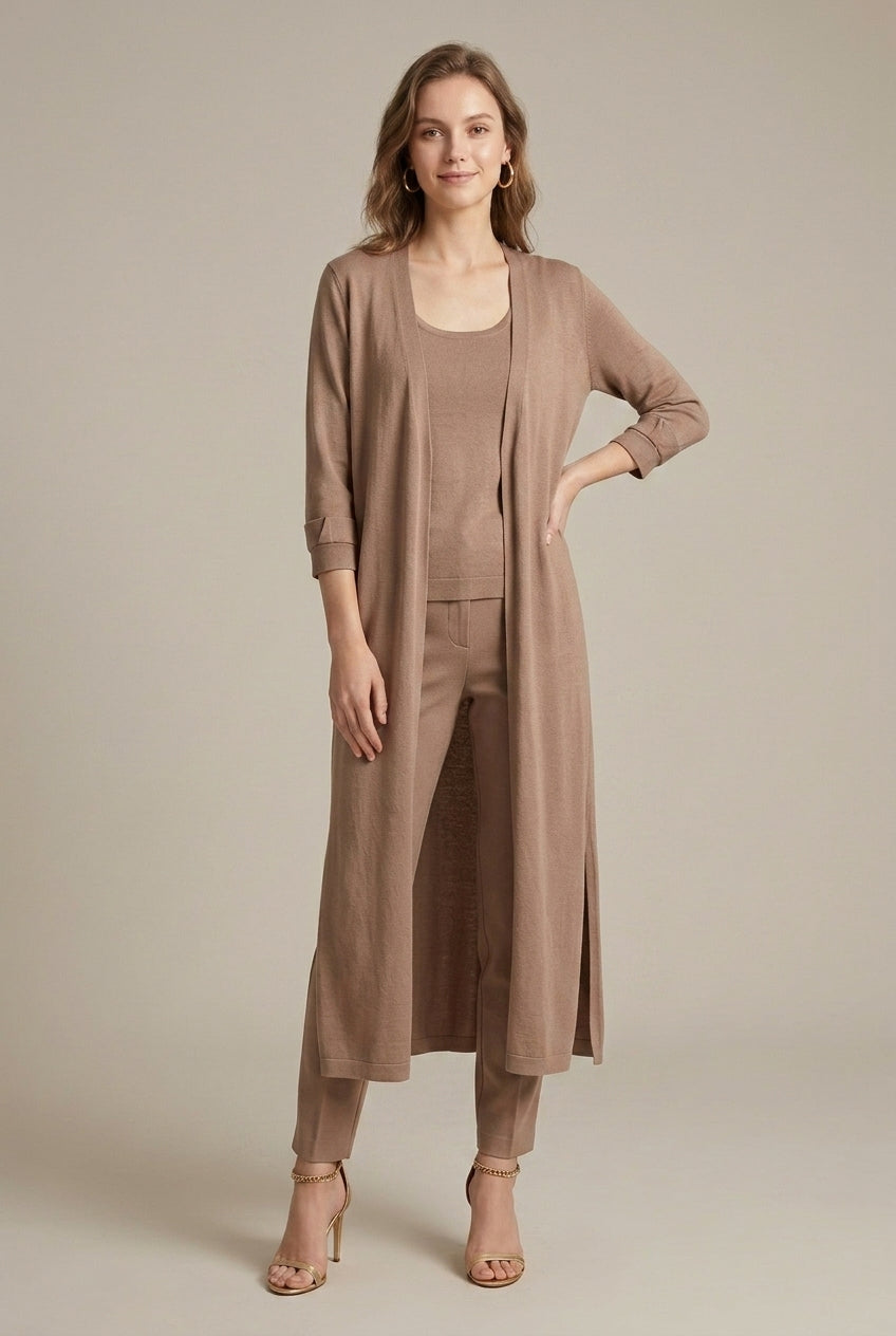 Lightweight, relaxed longline cardigan with fluid draping from Lumina Wear, model wearing Isabella cardigan in a neutral color.