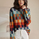 Multi-color checked relaxed fit sweater with mock neck from Lumina Wear, designed for women's casual and cozy style.