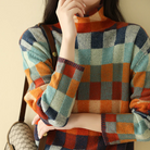Multi-color checked relaxed fit sweater with mock neck for women by Lumina Wear, featuring a cozy, stylish design.