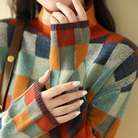 Multi-color checked Lumina Wear Isabella women's relaxed fit sweater with mock neck, cozy and stylish for casual wear.