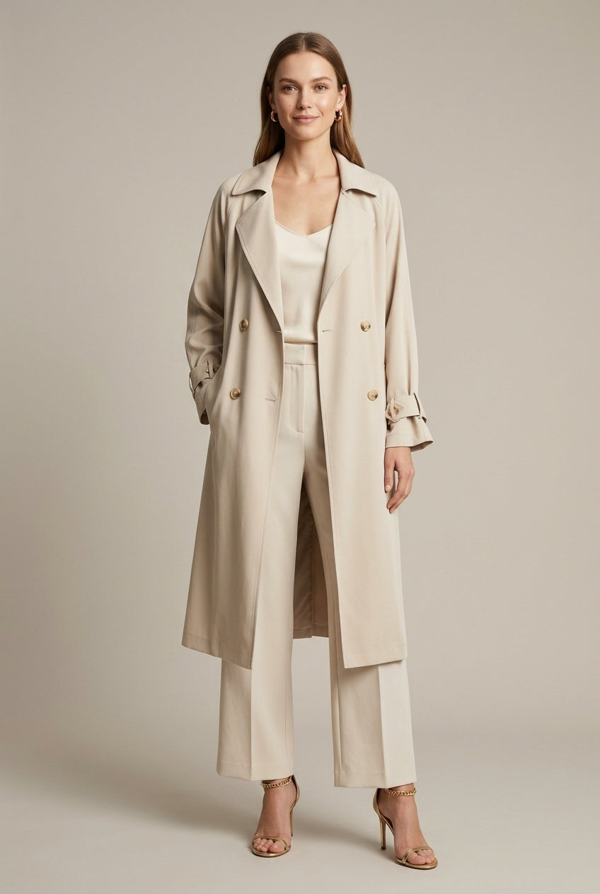 Isabella Lumina Wear oversized black trench coat with structured lapels, stylish and tailored for a modern look.