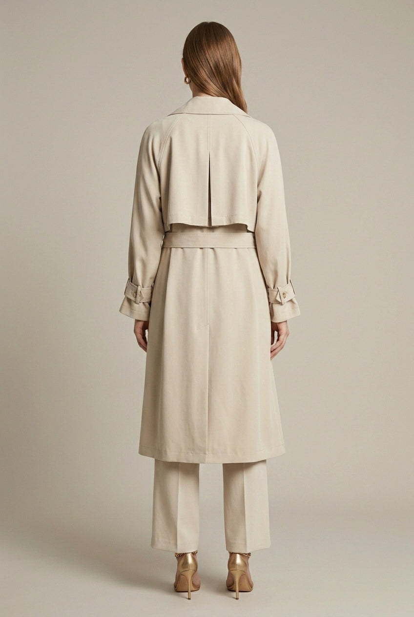 Isabella Lumina black oversized trench coat with structured lapels, long sleeves, and a classic silhouette for a stylish look.