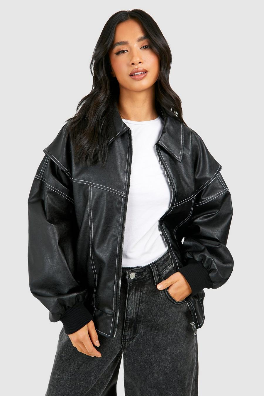Isabella oversized black vegan leather bomber jacket with ribbed cuffs from Lumina Wear, shown on a hanger.