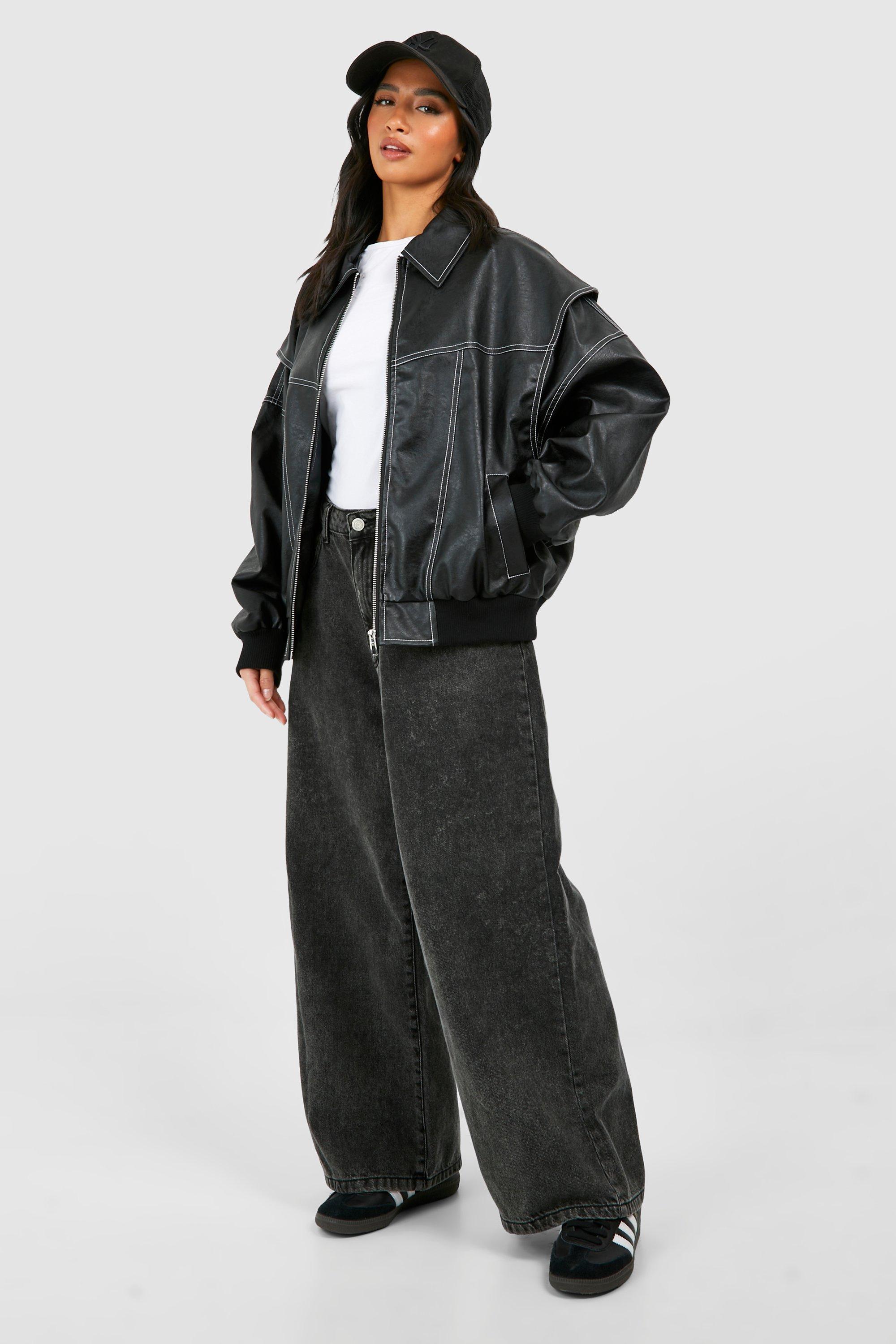 Isabella oversized black vegan leather bomber jacket with ribbed cuffs by Lumina Wear, stylish and modern outerwear for women.