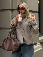 Lumina Wear Isabella oversized houndstooth blazer with funnel neck and double-breasted front, stylish women's blazer for a chic look.