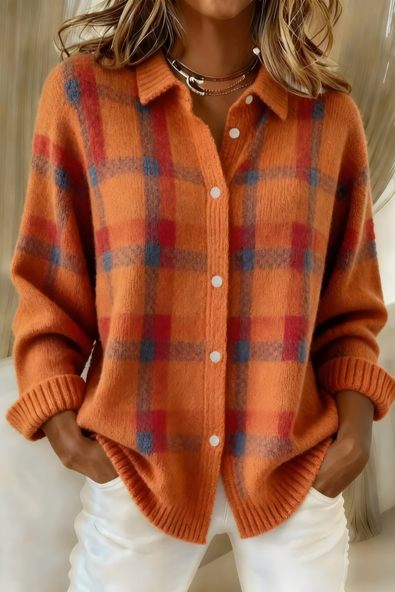 Light gray plaid knit cardigan sweater by Lumina Wear with an oversized relaxed fit, featuring a cozy, chunky knit texture.