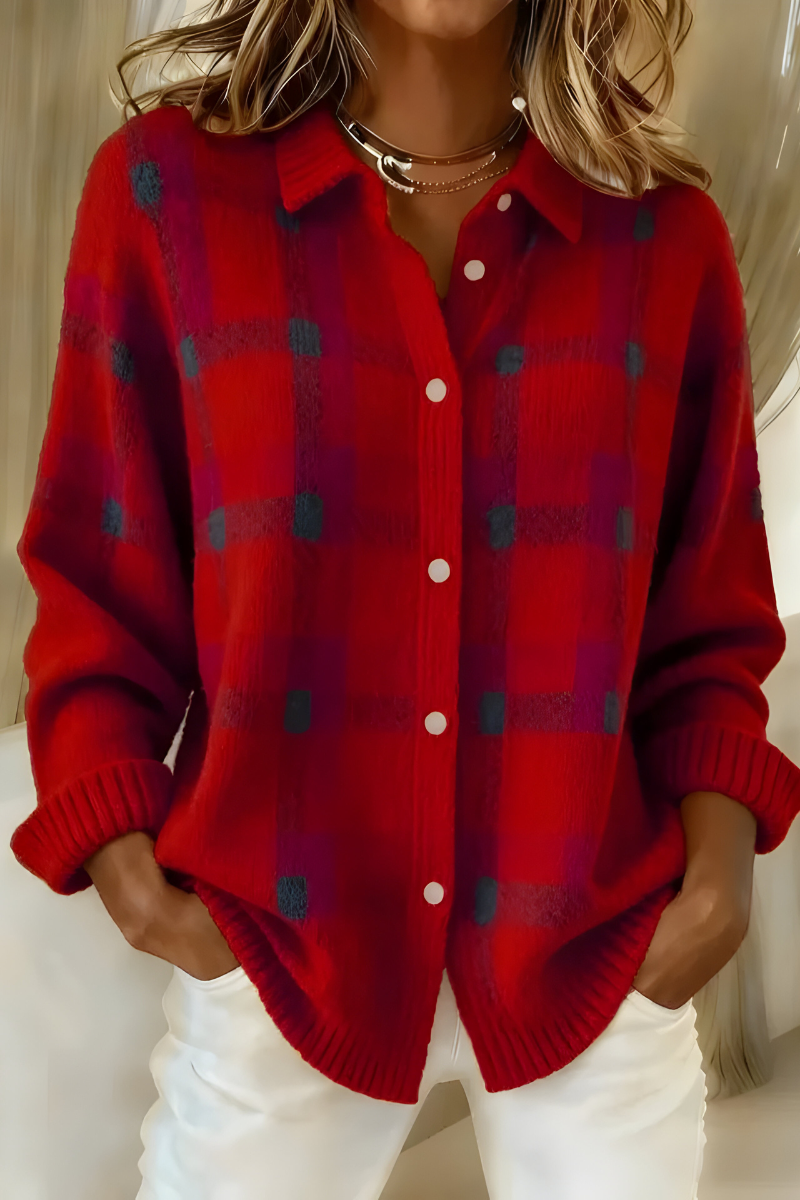 Isabella Lumina oversized plaid knit cardigan sweater with relaxed fit, featuring cozy knit fabric and classic plaid pattern.