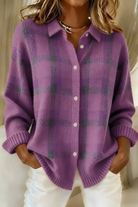 Isabella Lumina oversized plaid knit cardigan sweater with relaxed fit, featuring cozy knit fabric and button-front design.
