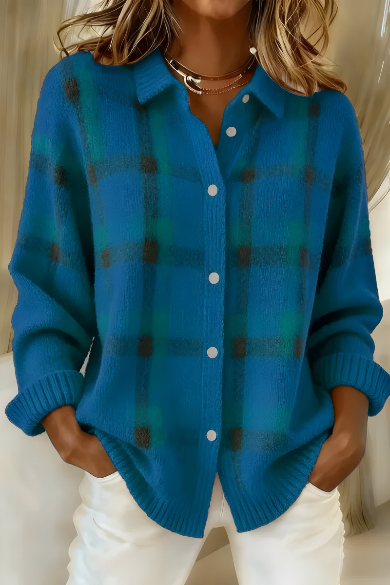 Lumina Wear Isabella oversized plaid knit cardigan sweater with relaxed fit, featuring cozy plaid pattern and casual style.