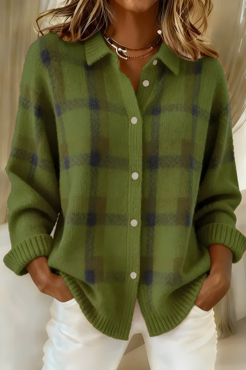 Lumina Wear Isabella oversized plaid knit cardigan sweater with relaxed fit, featuring cozy knit fabric and classic plaid pattern.