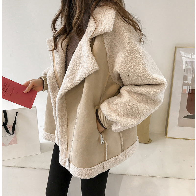 Cream oversized shearling jacket with asymmetric zipper from Lumina Wear, featuring plush plush fabric and stylish design.