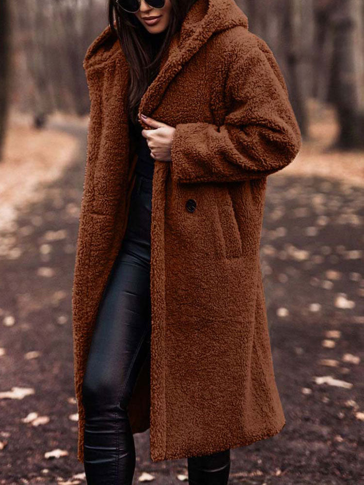 Lumina Wear Isabella oversized plush teddy fleece winter coat with notched lapel, cozy and stylish women's jacket.
