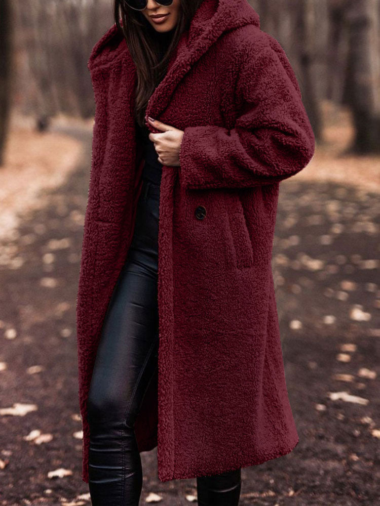 Lumina Wear Isabella oversized plush teddy fleece winter coat with notched lapel, soft and warm for women.