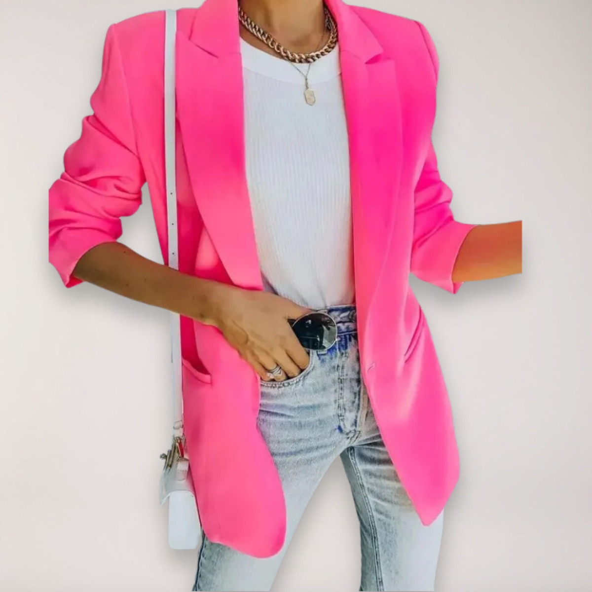 Light gray oversized relaxed blazer with notched lapel from Lumina Wear, featuring a casual fit and stylish design.