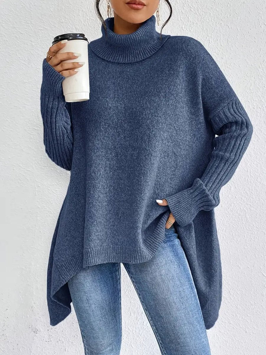 Lumina Wear Isabella oversized ribbed turtleneck sweater with longline fit, cozy women's sweater in a soft knit fabric.