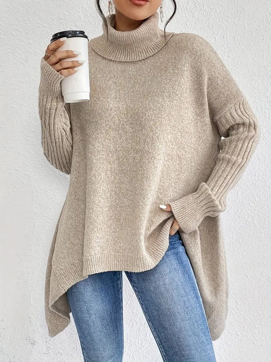Lumina Wear Isabella oversized ribbed turtleneck sweater with longline fit, cozy women's sweater in a stylish design.