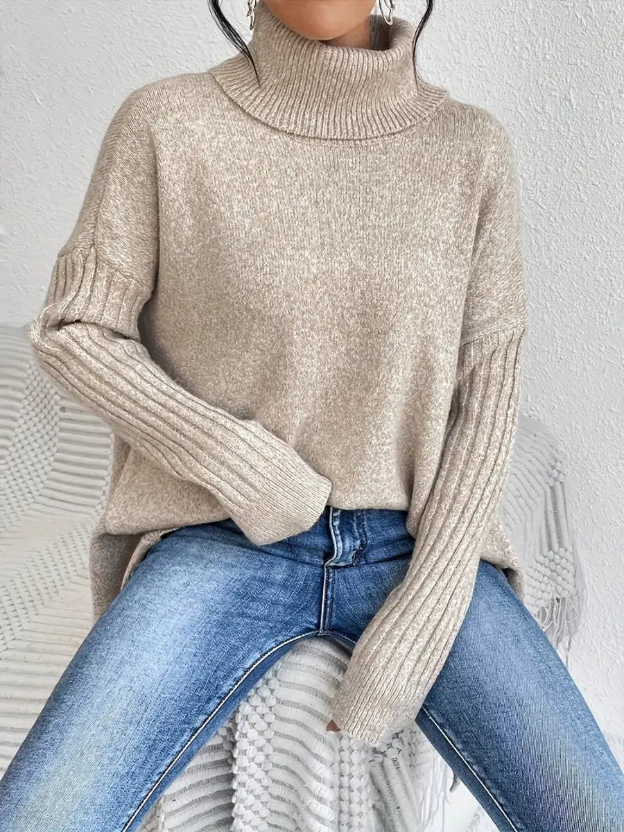 Lumina Wear Isabella oversized ribbed turtleneck sweater with longline fit, shown in a cozy, stylish women's sweater.
