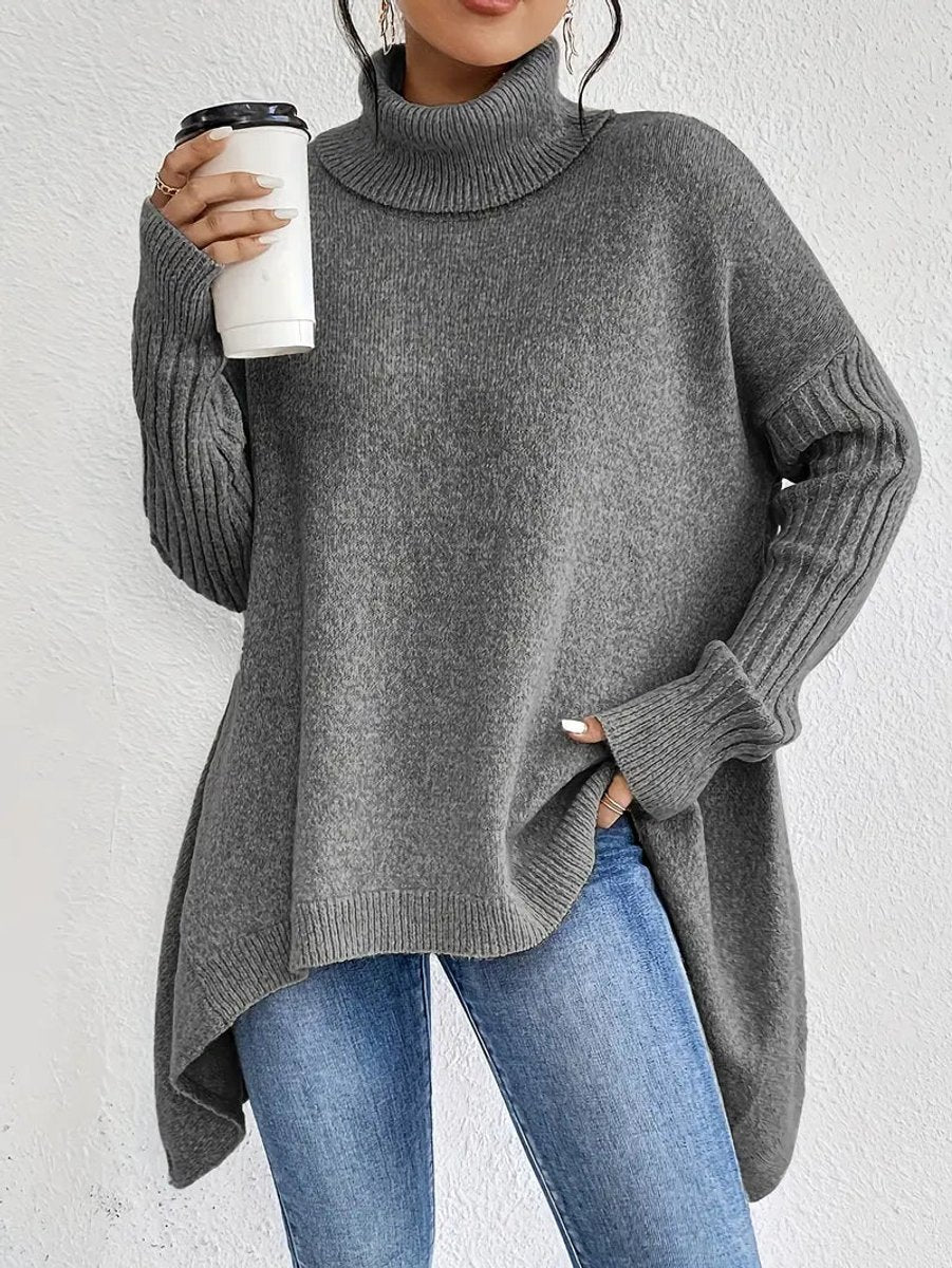 Lumina Wear Isabella oversized ribbed turtleneck sweater with longline fit, shown in a cozy, stylish women's sweater.