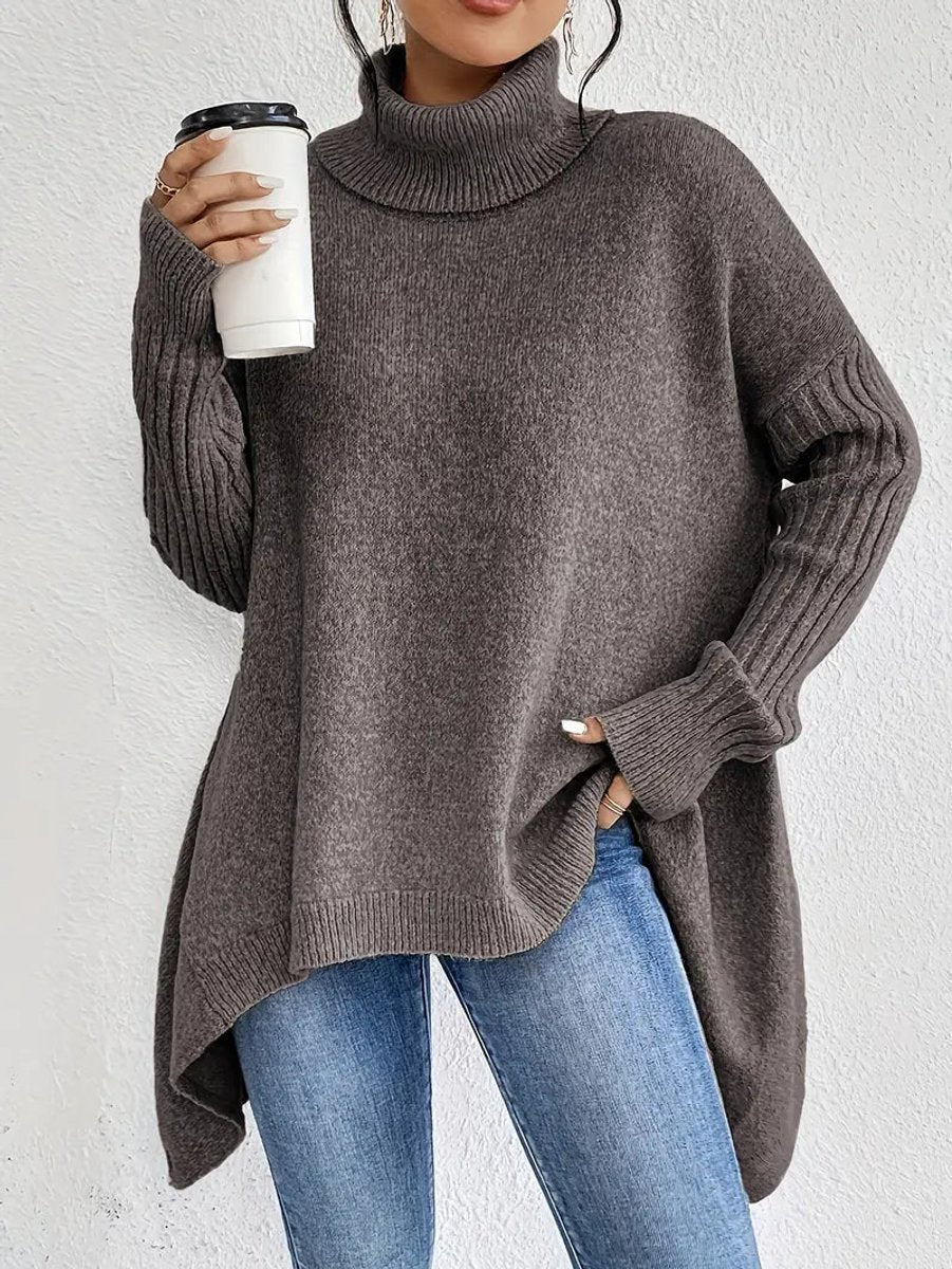 Lumina Wear Isabella oversized ribbed turtleneck sweater for women, longline fit with cozy knit texture.
