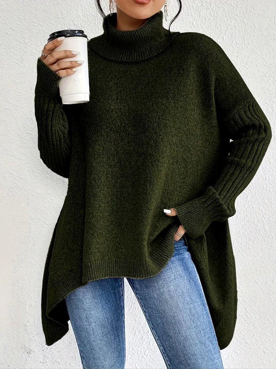 Lumina Wear Isabella oversized ribbed turtleneck sweater with longline fit, featuring cozy knit and relaxed silhouette for women.