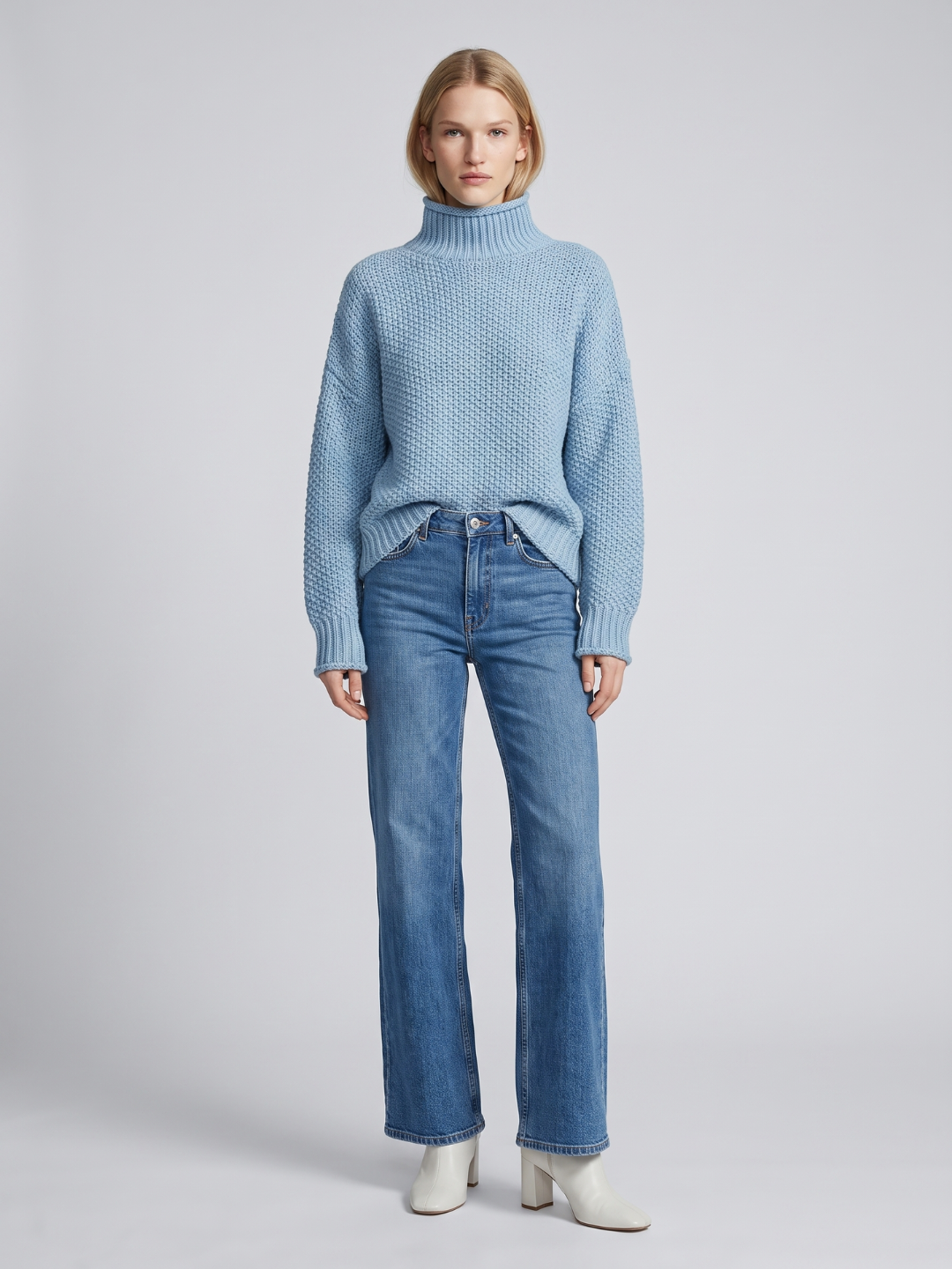 Lumina Wear Isabella oversized textured waffle-knit sweater with turtleneck, women's cozy knit sweater in neutral tones.