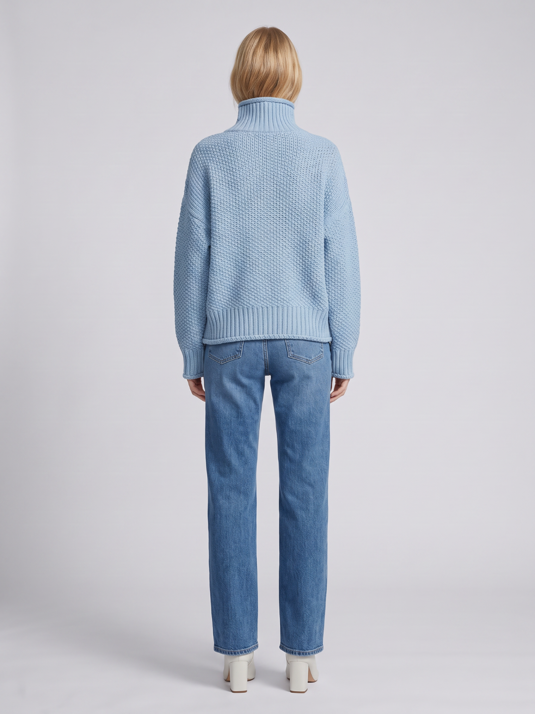 Light gray oversized textured waffle-knit turtleneck sweater for women by Lumina Wear, featuring a cozy and relaxed fit.