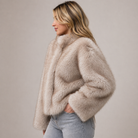 Lumina Wear Isabella plush cropped faux fur jacket for women, relaxed fit with cozy, soft texture, stylish winter outerwear.