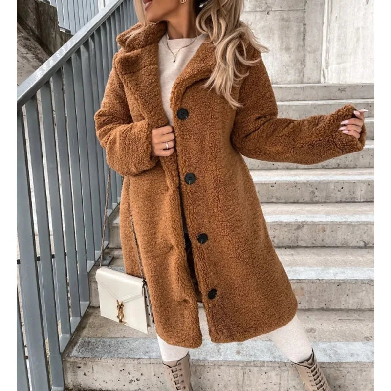 Women's plush textured high collar winter overcoat by Lumina Wear, featuring a stylish design and warm, cozy fabric.