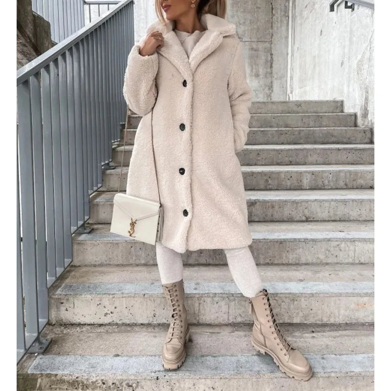 Isabella plush textured high collar women's winter overcoat by Lumina Wear, featuring a cozy, stylish design and warm high collar.
