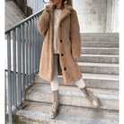 Luxurious plush textured high collar winter overcoat for women by Lumina Wear, featuring a stylish and warm design.