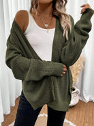 Black pointelle knit cardigan sweater with side split hem for women by Lumina Wear, featuring a cozy, stylish design.