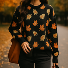Lumina Wear Isabella women's sweater with relaxed fit, autumn leaf pattern, ribbed cuffs, and neckline, perfect for fall.