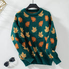 Lumina Wear Isabella relaxed autumn leaf pattern sweater for women with ribbed details, showcasing cozy knit fabric and fall-inspired design.