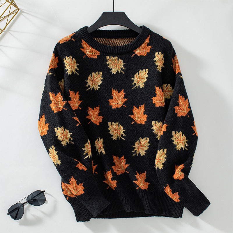 Lumina Wear Isabella women's sweater with relaxed fit, autumn leaf pattern, ribbed details, perfect for fall fashion.