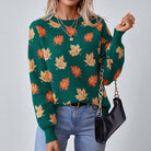 Lumina Wear Isabella women's sweater with relaxed fit, autumn leaf pattern, ribbed details, cozy knit for fall wear.