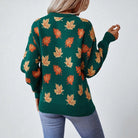 Lumina Wear Isabella women's sweater with autumn leaf pattern, relaxed fit, ribbed details, cozy knit for fall.