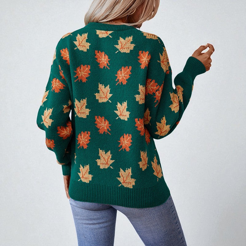 Lumina Wear Isabella women's sweater with autumn leaf pattern, relaxed fit, ribbed details, cozy knit for fall.