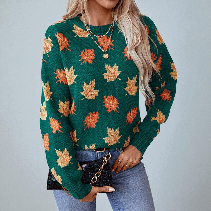 Lumina Wear Isabella relaxed autumn leaf pattern sweater for women with ribbed details, cozy and stylish for fall.