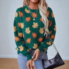 Lumina Wear Isabella women's sweater with relaxed fit, autumn leaf pattern, and ribbed details, perfect for fall wear.