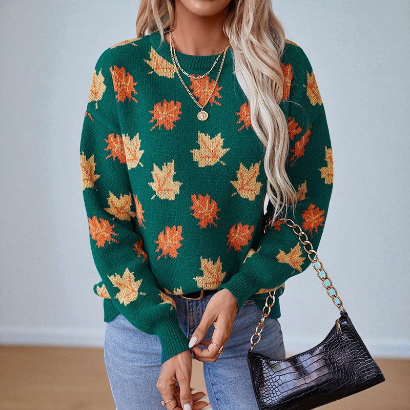 Lumina Wear Isabella women's sweater with relaxed fit, autumn leaf pattern, and ribbed details, perfect for fall wear.