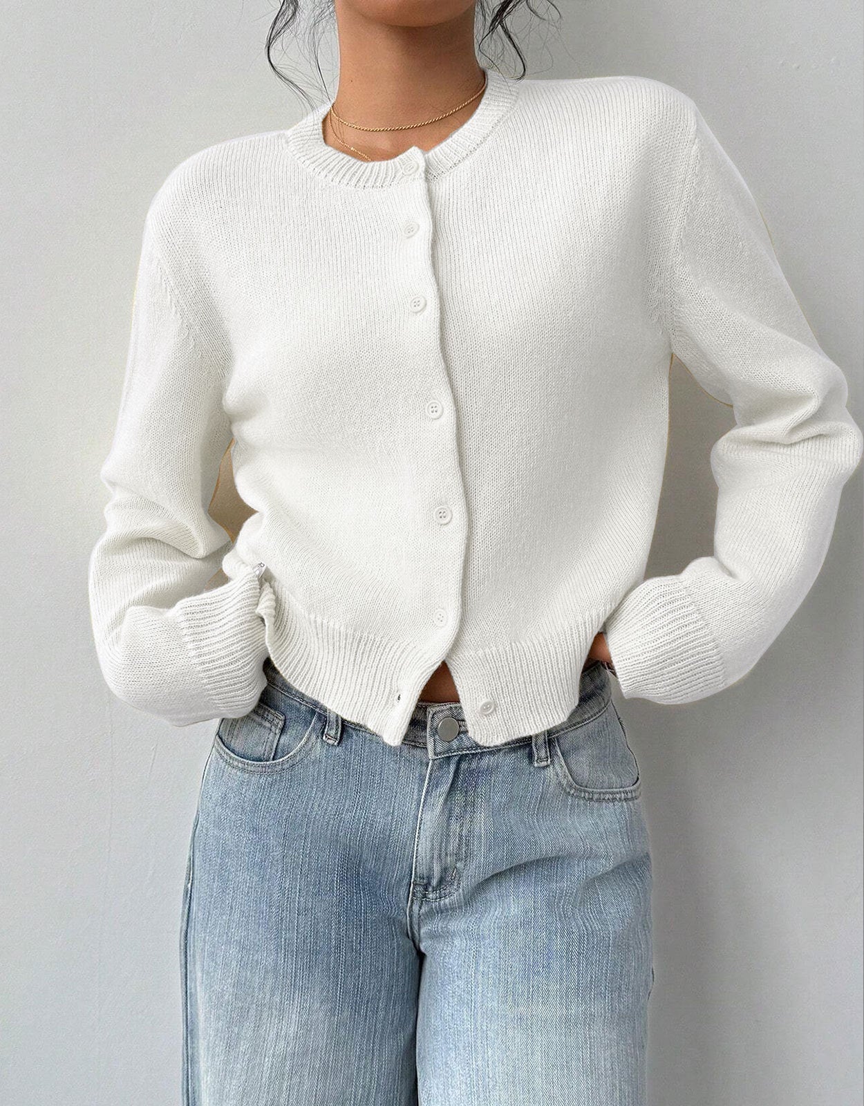 White cropped cardigan sweater with ribbed trim from Lumina Wear's Isabella collection, relaxed fit and cozy style.