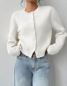 White cropped cardigan sweater with ribbed trim from Lumina Wear's Isabella collection, relaxed fit and cozy style.