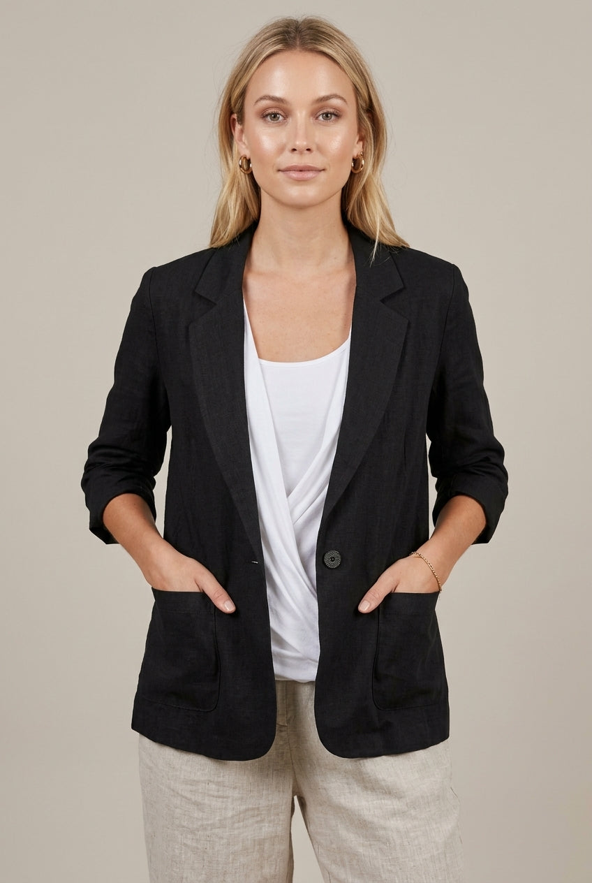 Women's relaxed fit linen blazer with ruched sleeves by Lumina Wear, featuring a stylish and comfortable design.