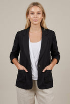 Women's relaxed fit linen blazer with ruched sleeves by Lumina Wear, featuring a stylish and comfortable design.